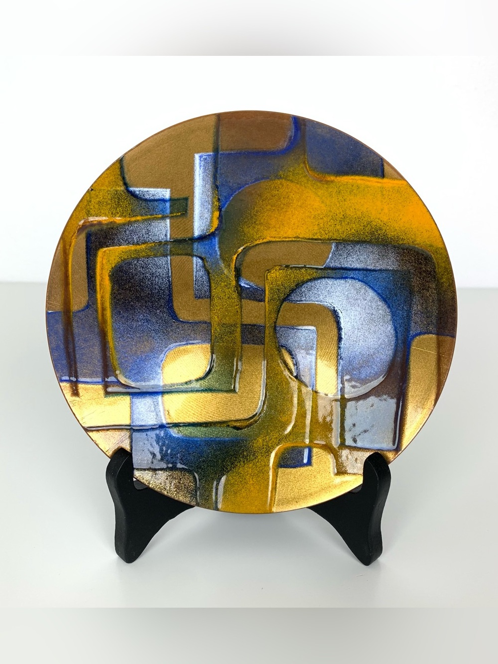 Enamel On Copper Plate Vtg Jules Perrier Abstract Geometrical Blue Gold MCM